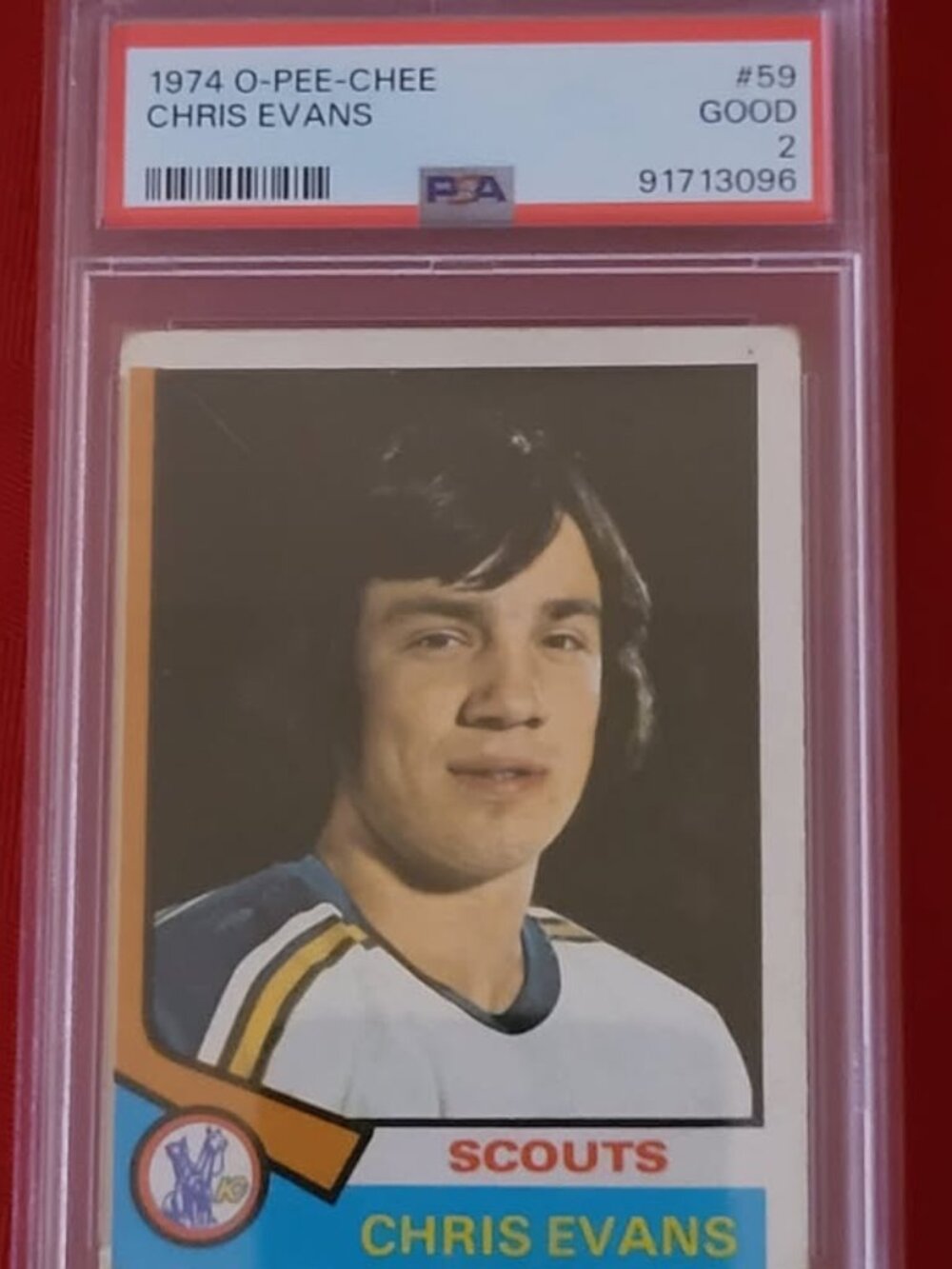 GRADED AND SEALED, 1974 O PEE CHEE, CHRIS EVANS, KANSAS CITY SCOUTS HOCKEY CARD!